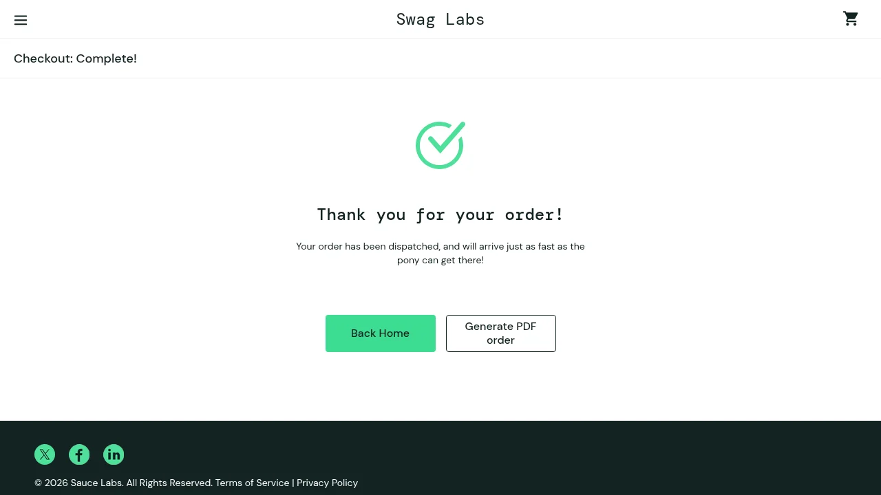 Order confirmation on the standard account: Thank you for your order!
